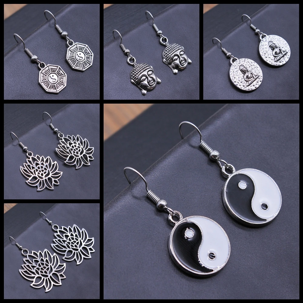 Pendiente de gota Vintage religioso chino Tai Chi taoísta budismo Buda Lotus Dangle, pendiente para mujer, regalo para niña