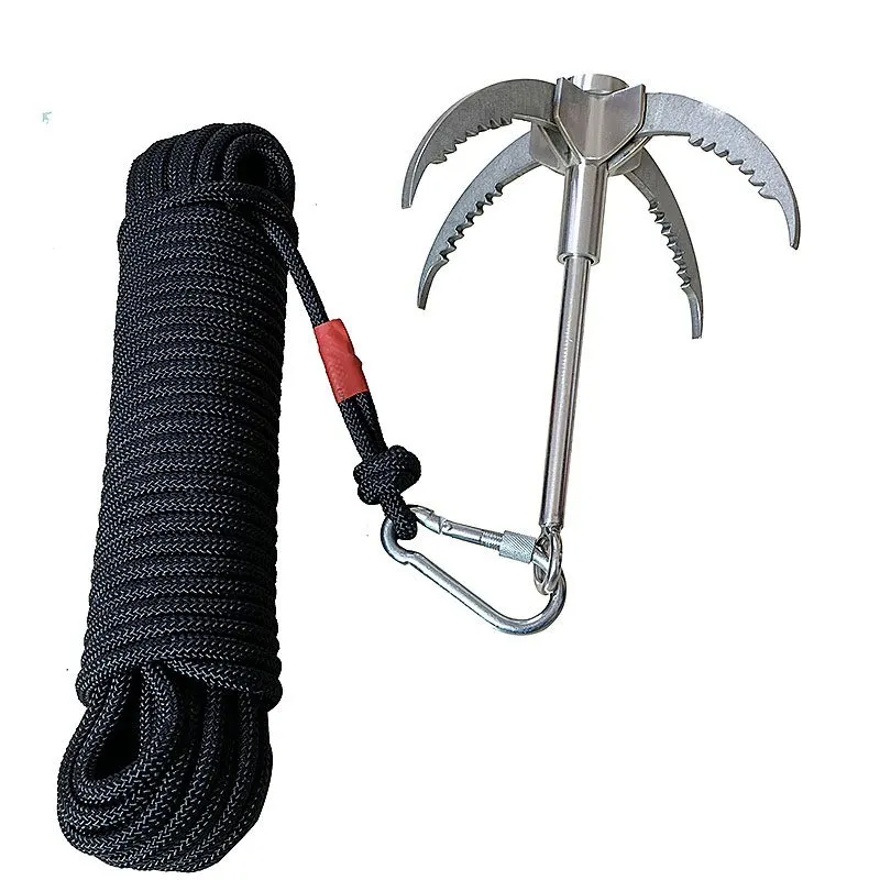 Foldable 4 Claws Stainless Steel Climbing Grappling Hook with 65ft 8mm Auxiliary Rope Carabiner for Outdoor Activities