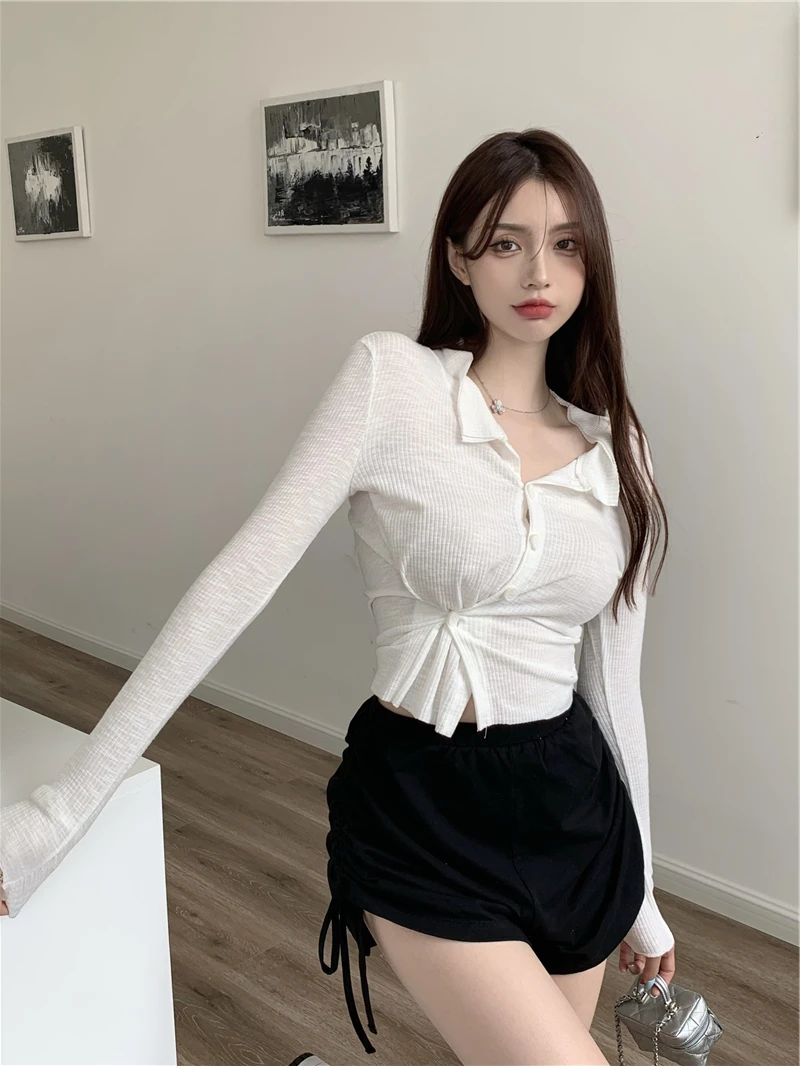 

ort Sve Длинный джазовый танцевальный костюм, женская сексуальная футболка в стиле хип-хоп, одежда для выступлений, облегающий вязаный топ на пуговицах с v-образным вырезом