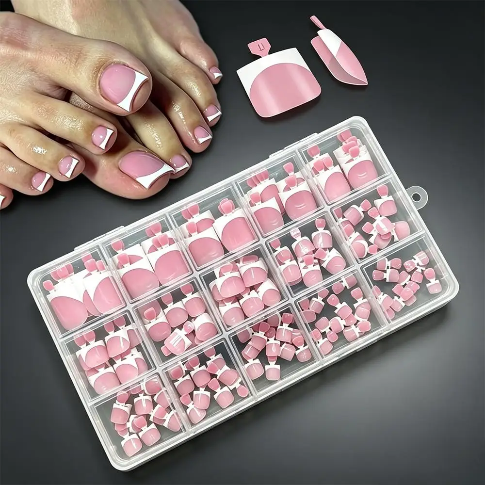 150Pcs Nude Pink French Press On Toenails 15-Sizes Short Square Fake Toe Nails White Edge Design Wearable False Foot Nail Tips t