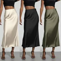 Elegant Fashionable European Style Women's Long Dress Solid Color Silk Satin Skirt Shiny Luster Drop Length Half Dress
