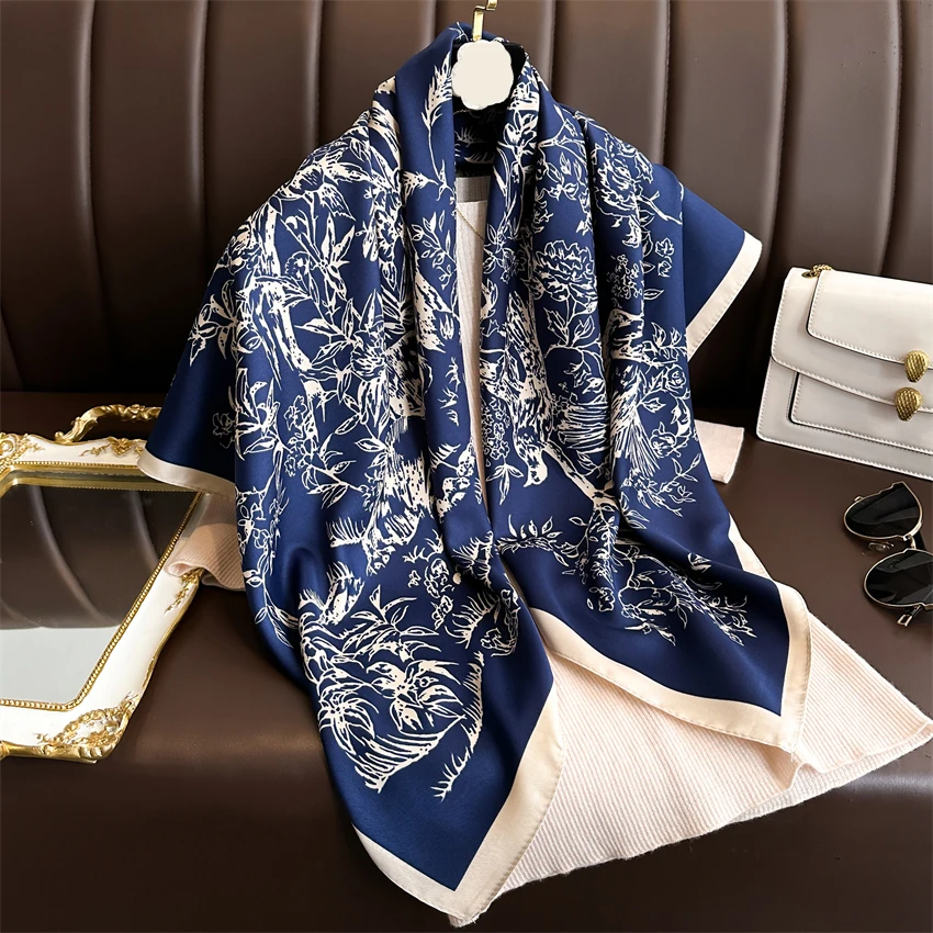 90cm Twill Silk Women Hijab Scarf Luxury Sunscreen Summer Beach Stoles Kerchief Shawl Wraps Neck Tie Travel Hair Bufanda New