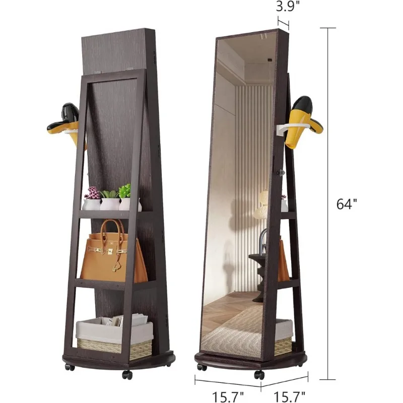 Armadio per gioielli girevole a 360 °, specchio a figura intera con portagioie, organizzatore di gioielli/ruote bloccabili/ripiano per trucco pieghevole