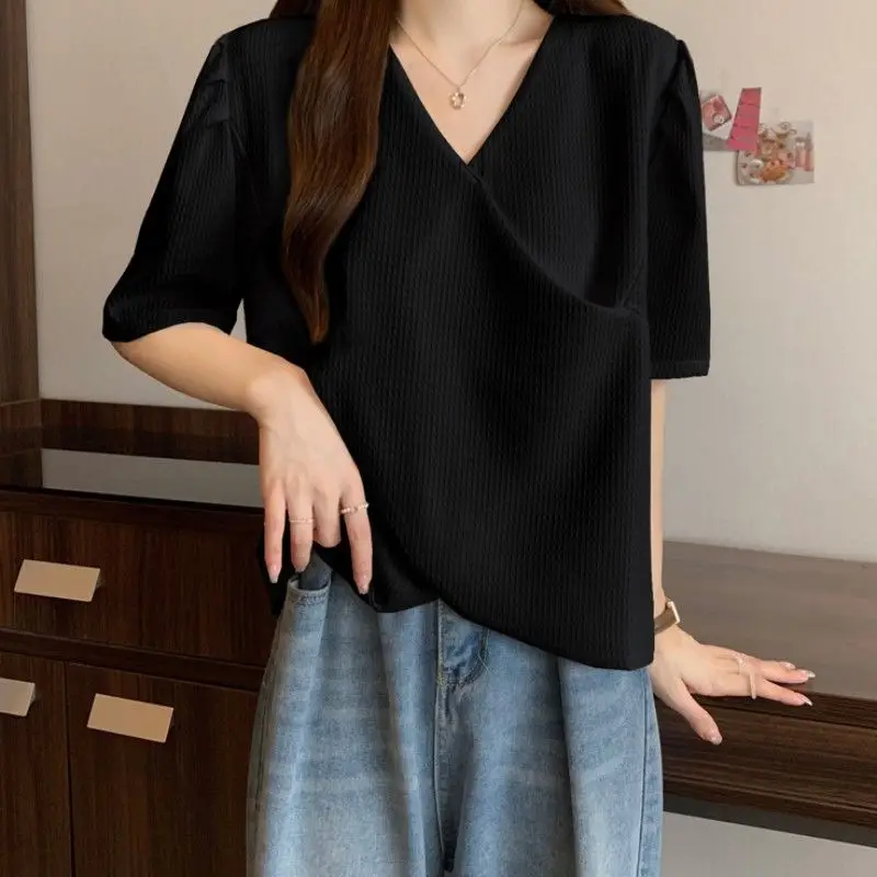 Odzież damska koreańska elegancka słodka Kawaii asymetryczny Design koszulka letnia z krótkim rękawem jednolite, luźne Y2K Streetwear topy