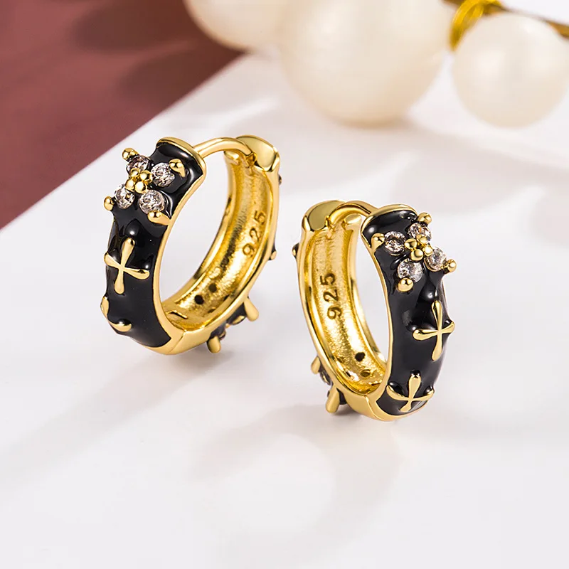 Black Enamel Earrings For Women Retro High-end Zircon Four Leaf Flower Ear Buckle Versatile 925 Silver Gold Color Earring KOFSAC