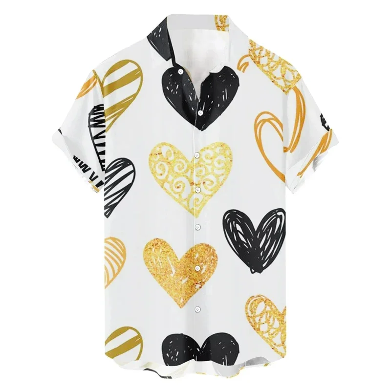 Hart Liefde Print Heren Shirt Zomer Nieuwe Mode Korte Mouw Blouse Knop Valentijnsdag Kleding Party Sociale Jurk Tops
