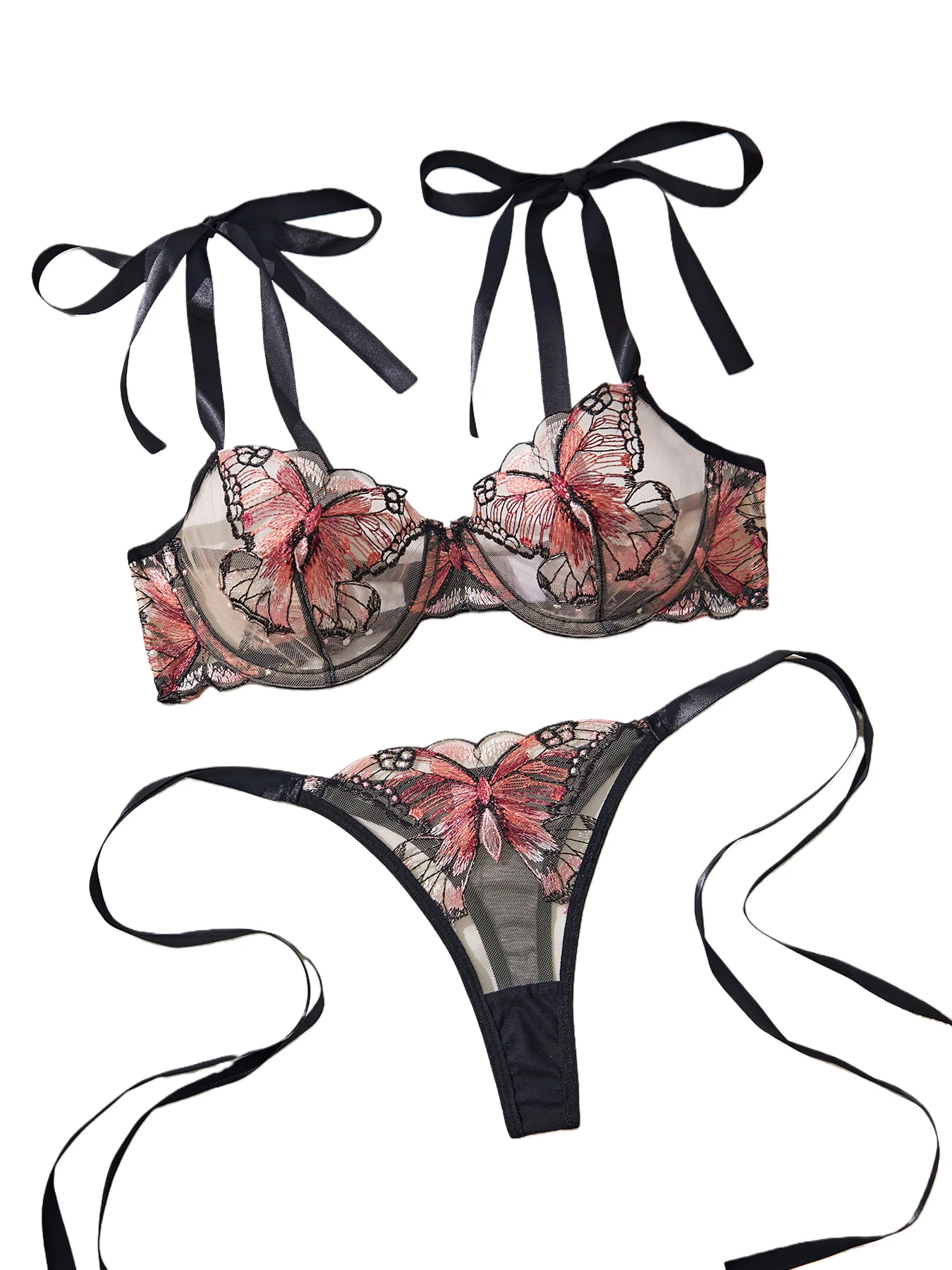 Lady 2 Pieces Lingerie Elegant Bowknot See Through  Butterfly Bra Panty Cute Girl Intimate Underwear Set