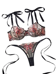 Lady 2 Pieces Lingerie Elegant Bowknot See Through Sexy Butterfly Bra Panty Cute Girl Intimate Underwear Set
