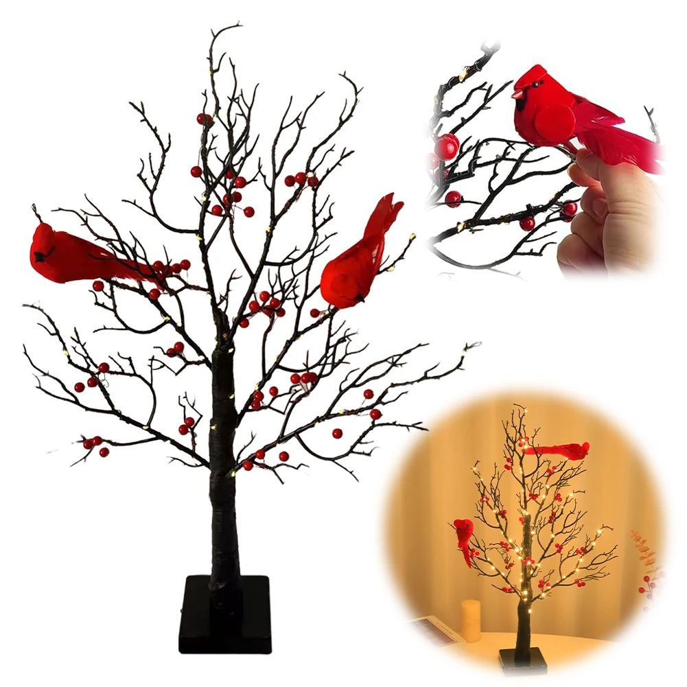 Mini Tree Light Lighted Tree with Red Bird & Berries Tree Table Decoration Light Battery Operated LED Fairy Light for Home Decor