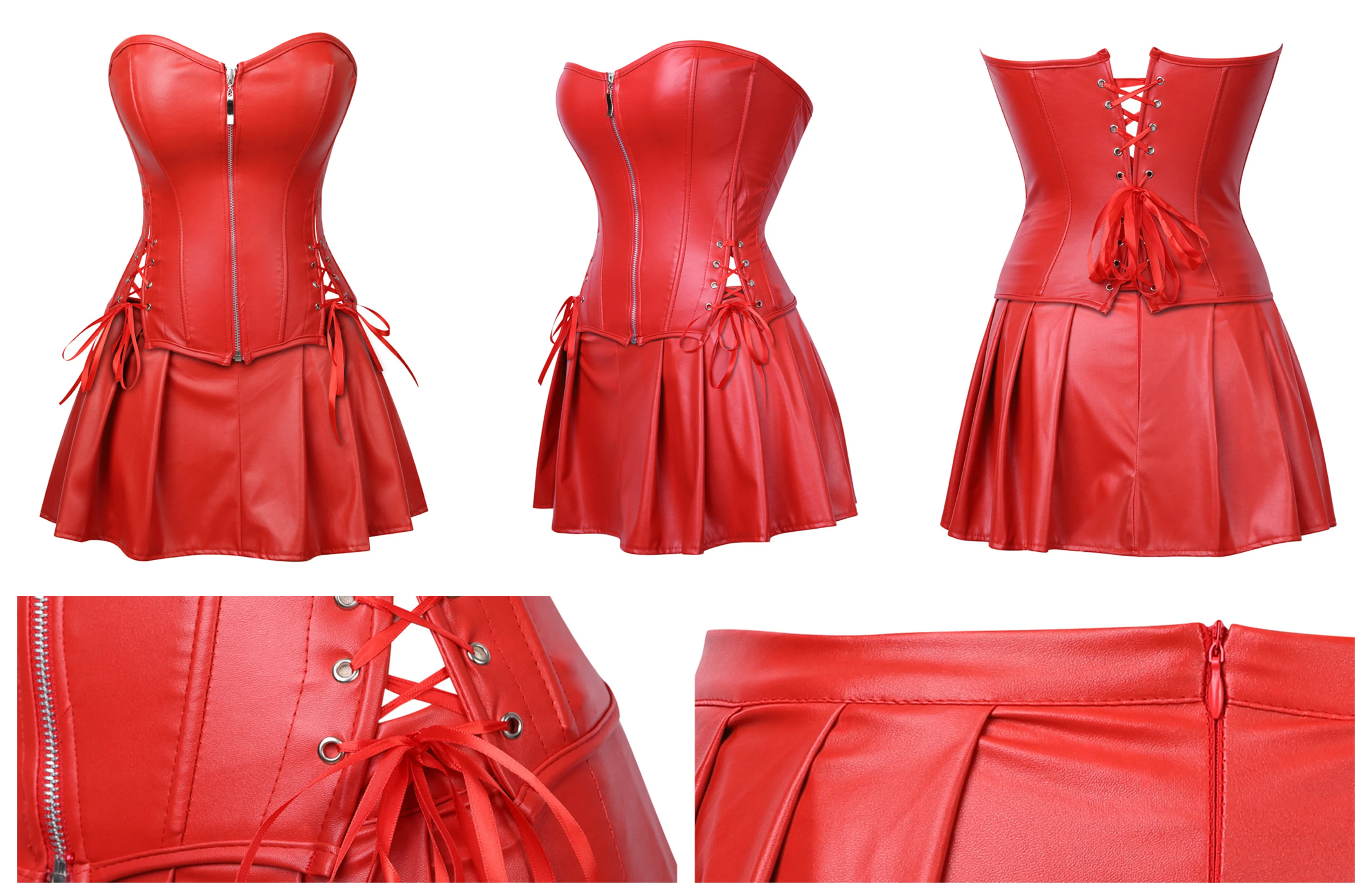 Sexy Leder Korsetts Rock Set Overbust Burlesque Zipper Gothic Punk Bustier Frauen Steampunk Lace Up Korsett Kleid Plus Größe – Detail 10