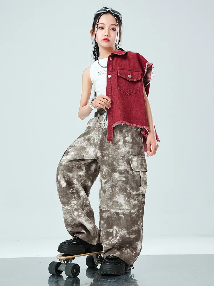 Ropa de Hip Hop para chico, chaleco vaquero rojo vino, Top de camuflaje, pantalones holgados Cargo informales para niña y niño, traje de baile de Jazz