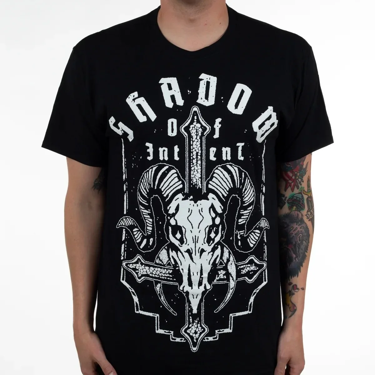 Shadow of Intent Goat Skull Cross Graphic Print T‑Shirt, Features Vintage Distressed Band Lettering Arranged in Arc Shape