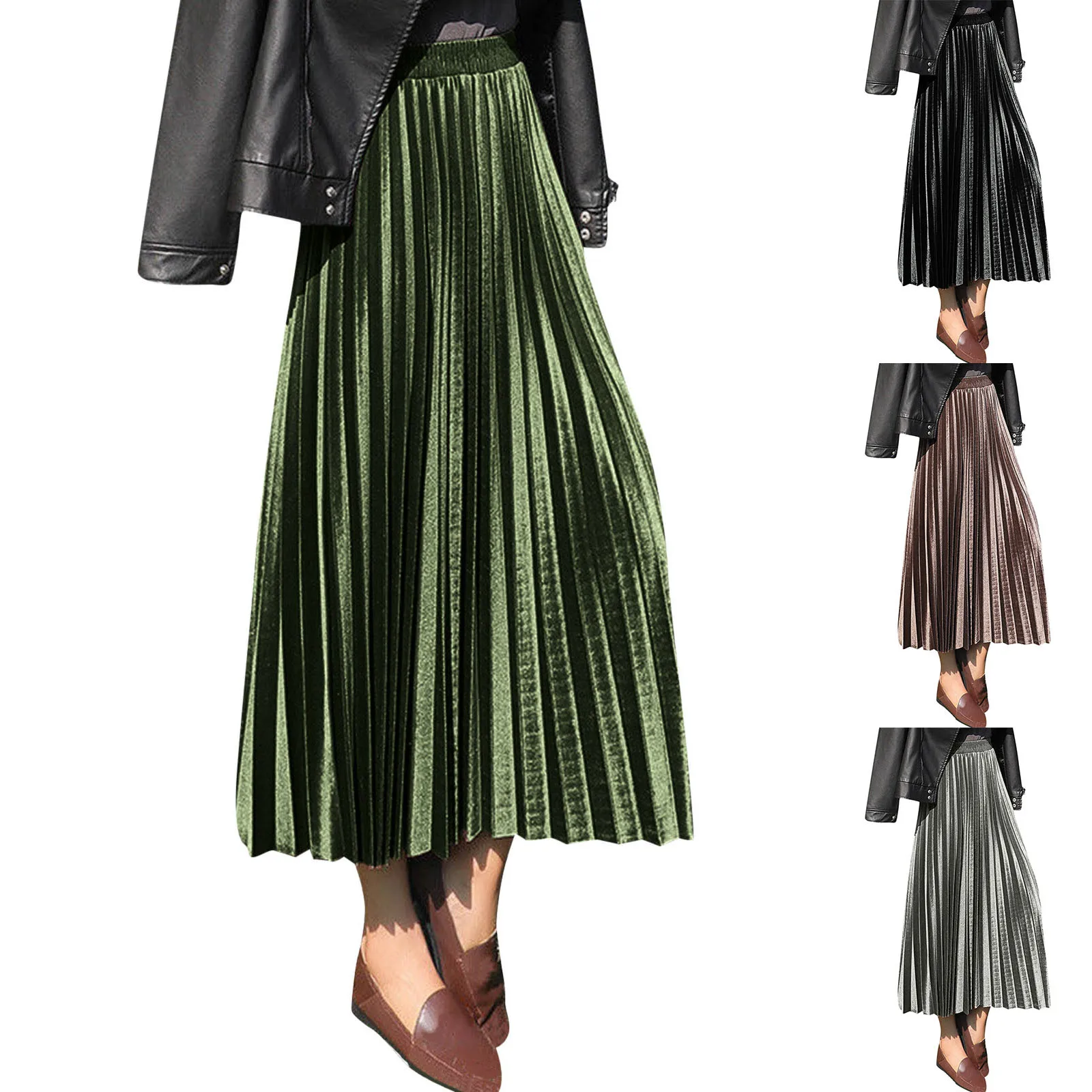 Women Casual Velvet Solid Color Long Half Skirt High Waist Pleated Skirt