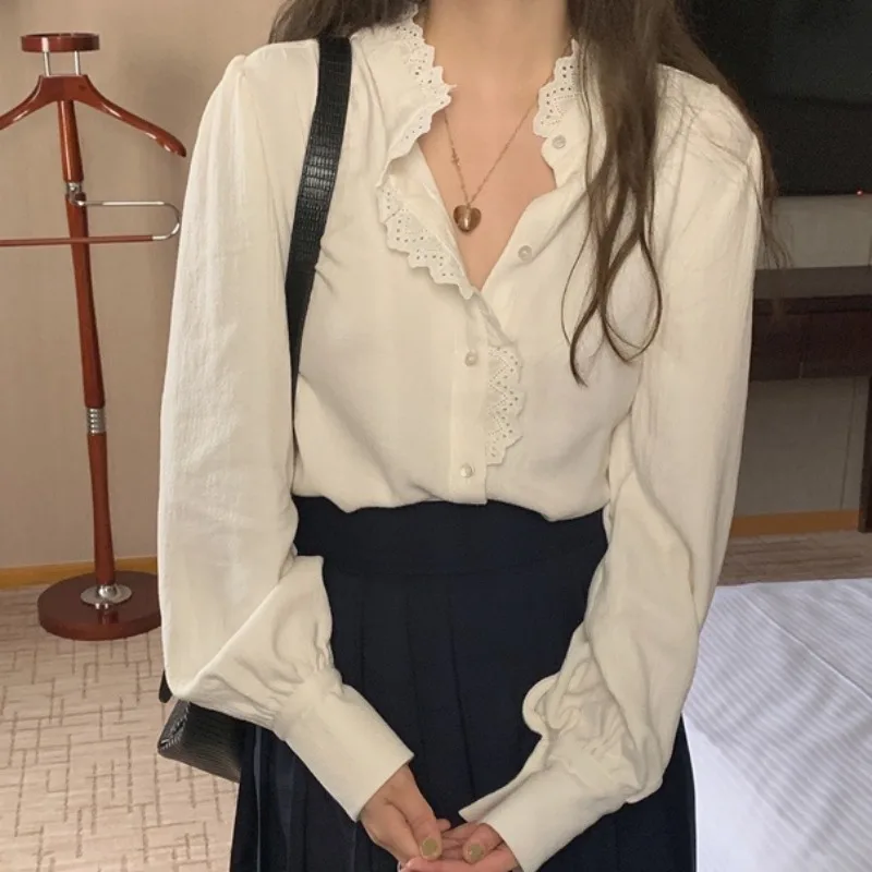 

Винтажные женские блузки, однотонные повседневные рубашки, модная свободная весенне-осенняя одежда, кружевные шифоновые женские топы с длинными рукавами