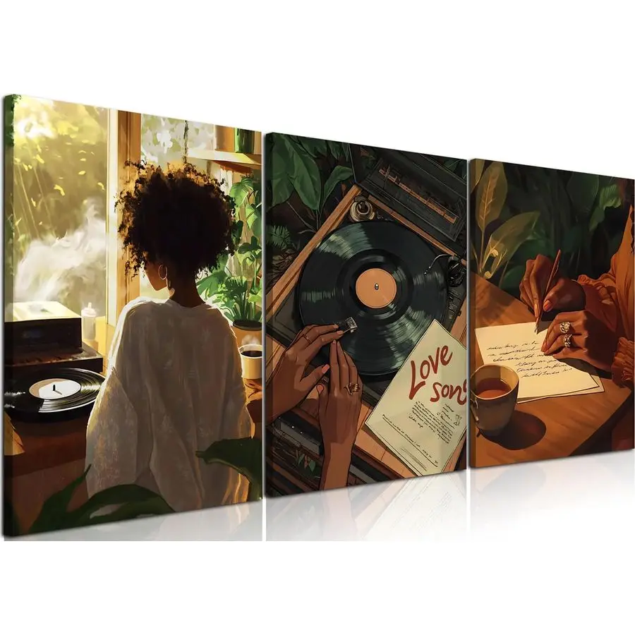 

Woman Wall Art Set of 3 Fashion Black Girl Wall Decor, Trendy African American Women Music Poster Song Lover Canvas Prints Artwo