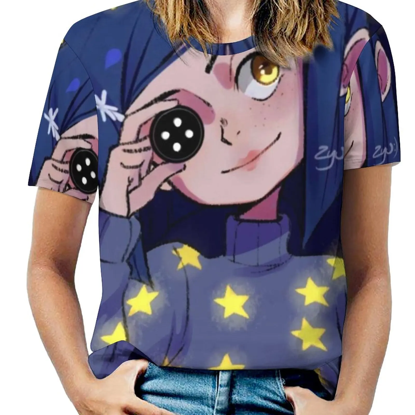 Coraline Shining Stars Woman'S T-Shirt Spring And Summer Printed T Shirts Crew Neck Pullover Top Coraline Neil Gaiman Book Stop