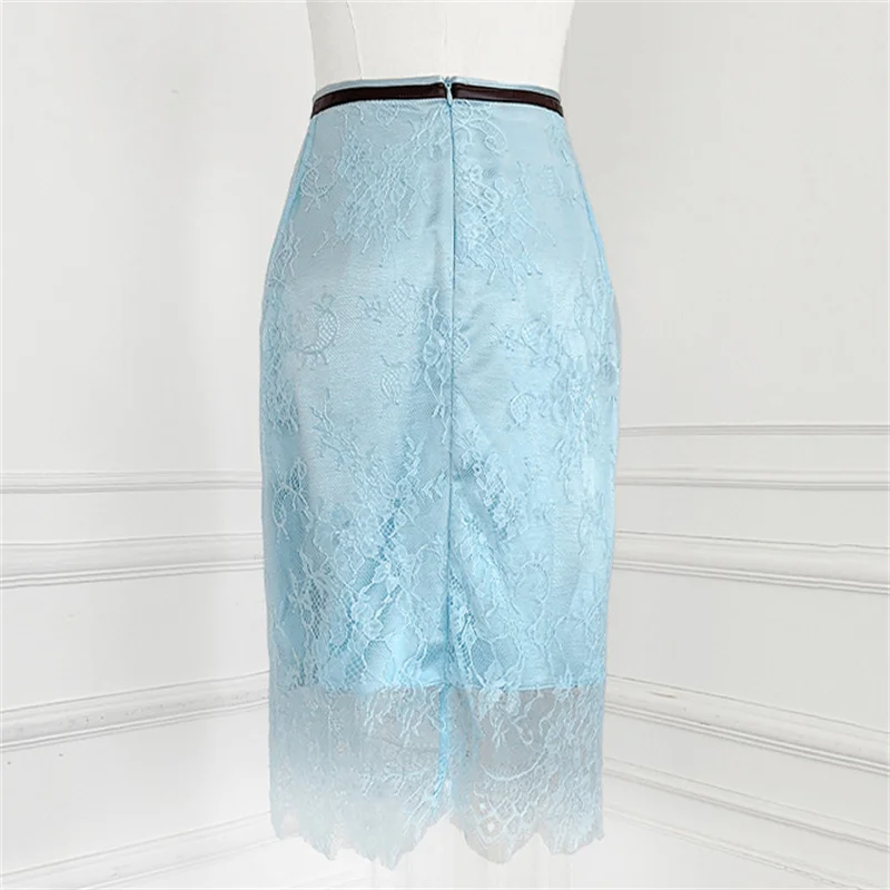 Women's skirt New high waisted slim long dress for spring 2026 Lace patchwork double-layer women's half skirt knee length skirt