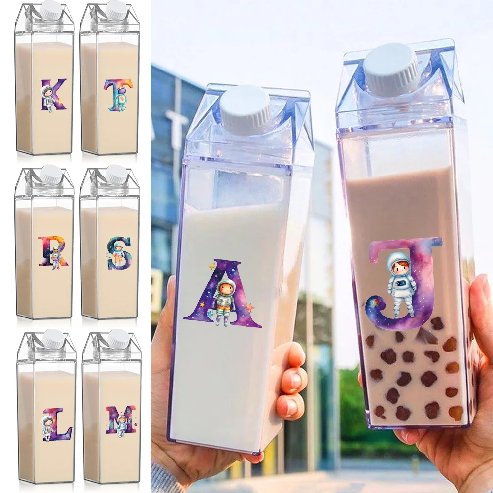 

Clear Reusable Milk Cup Storage Travel Coffee Tea Juice Milk Carton Outdoors Large Capacity Container Astronaut Letter Pattern