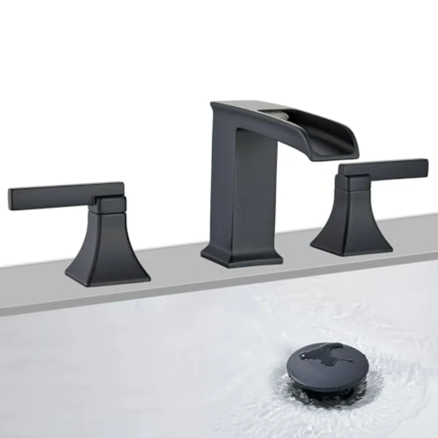 

Черный смеситель для ванной комнаты с эффектом водопада, 3 отверстия, 8 или 4 дюйма, для установки на раковину, с выдвижным сливом и подводящими шлангами, матовый черный
