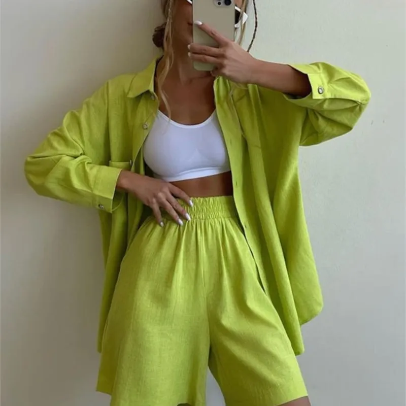 Solid Long Sleeve & Short Sets Shirts Two Piece Set Women Outfit 2024 Summer Blouse Shorts Sets For Women New In Matching Sets