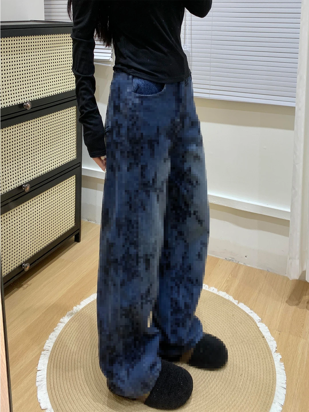 

American Style Lazy Girl Thickened Fleece Lined Loose Fit High Waist Jeans Women's Vintage Floral Embroidery Floor Length Pants