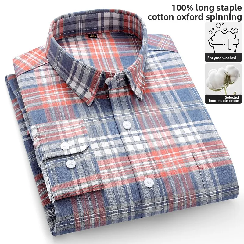 2026 Fashion Korean Popular Clothes Printing Long Sleeve Shirts for Men Casual Slim Fit 100%cotton Oxford Plaid Tops