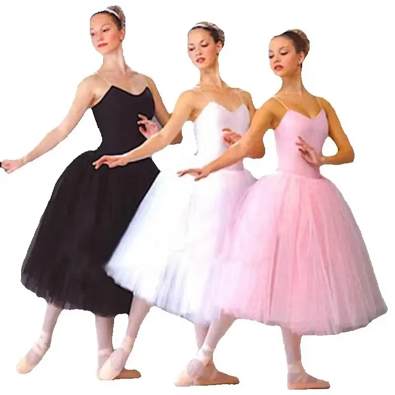 Tutú de Ballet romántico para adultos, falda de práctica de ensayo, disfraz de cisne para mujer, vestido largo de tul, ropa de Ballet de color blanco, rosa y negro