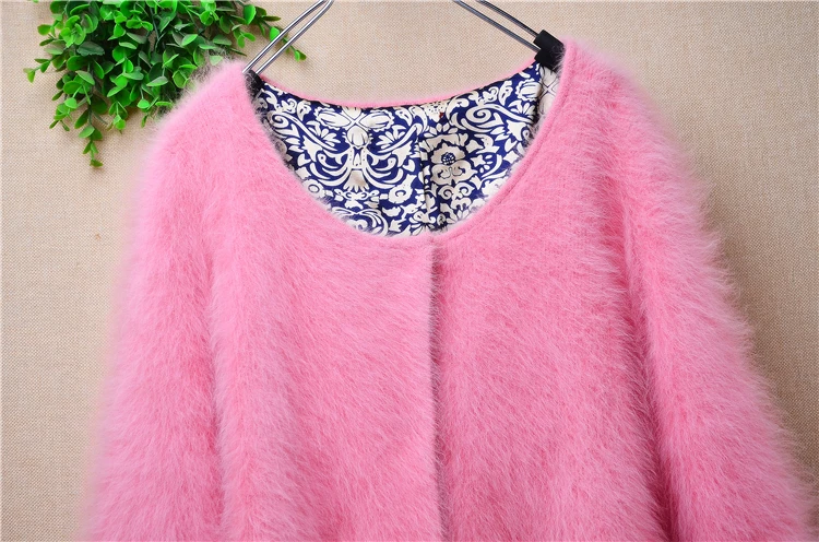 Ladies Women Autumn Winter Pink Hairy Mink Cashmere Knitted Three Quarter Sleeves Slim Cardigans Angora Fur Sweater Jakcet Pull