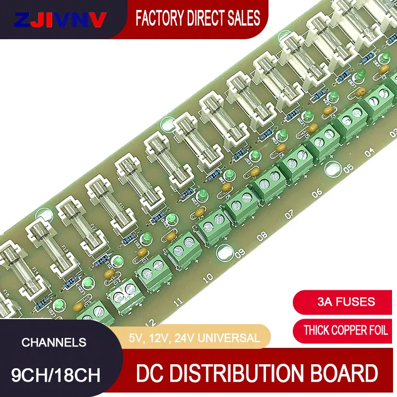 

9CH 18CH DC Distribution Board 5V 12V 24V PCB Borad with 3A Fuses DC Terminal Block for CCTV Power Supply Box