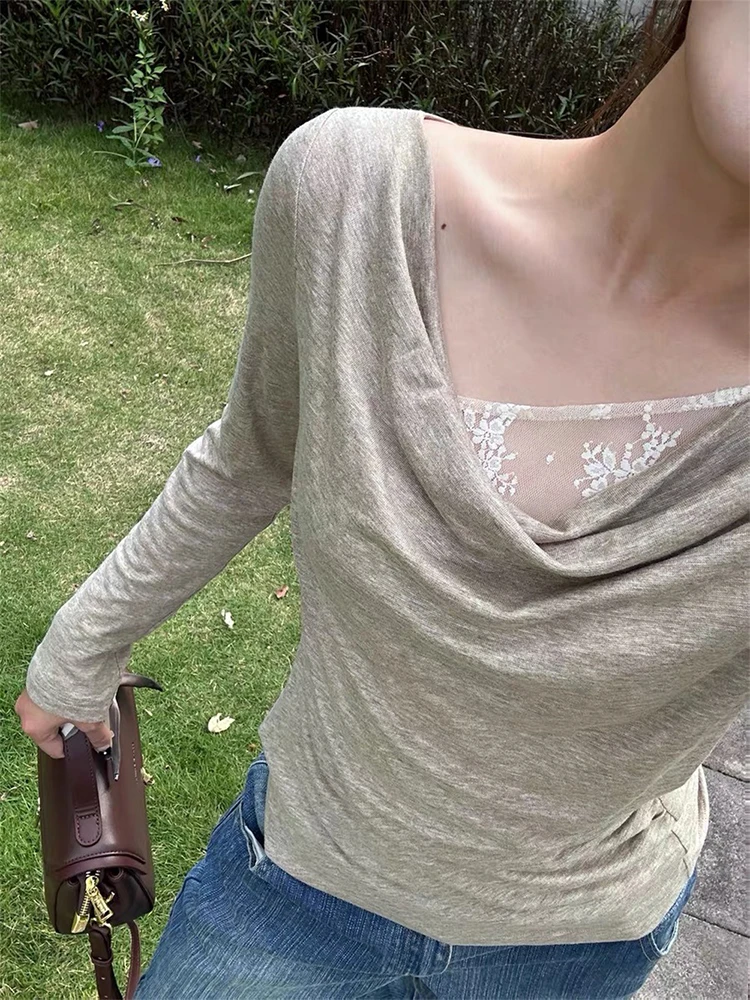 

Женский топ с длинными рукавами и кружевной отделкой, имитация двухслойности, из смесовой ткани лиоцелл-шерсть, с воротником-хомутом, базовый слой, весна 2026, новинка