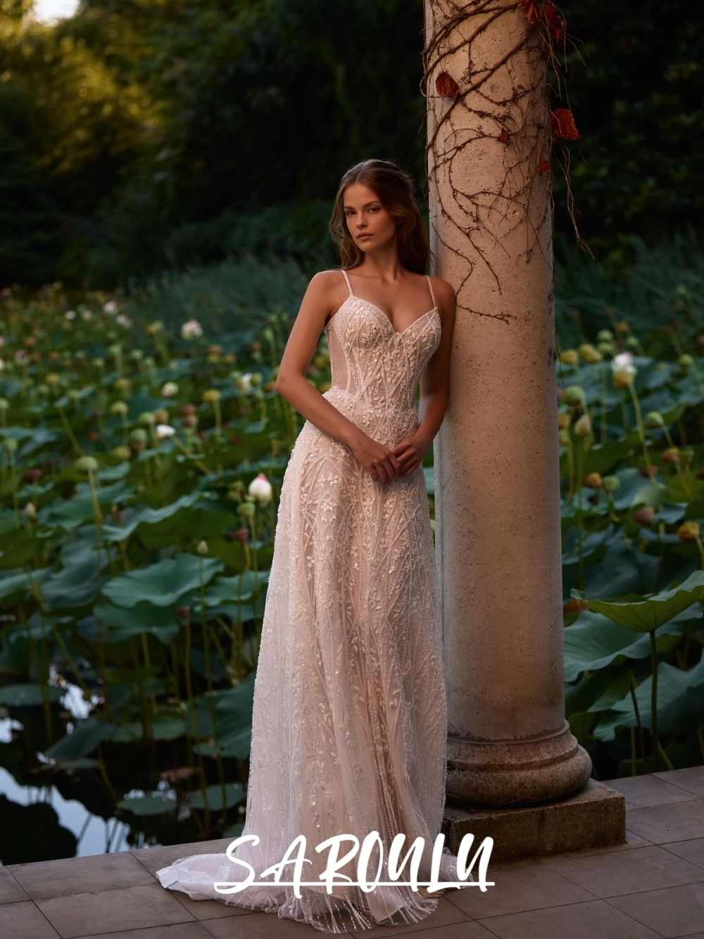 

Sparkly Beaded Spaghetti Strap Wedding Dress, Lace Appliques A Line Bridal Gown With Train, Sexy V Neckline Luxe Bride Wear