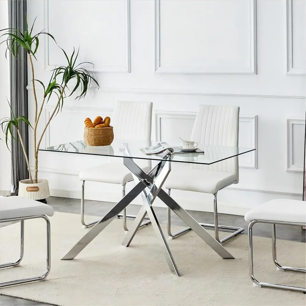 

51.18" Rectangular Glass Dining Table, Tempered Glass Kitchen Tabe with Metal Legs, Stylish and Sturdy Dinner Table for Home