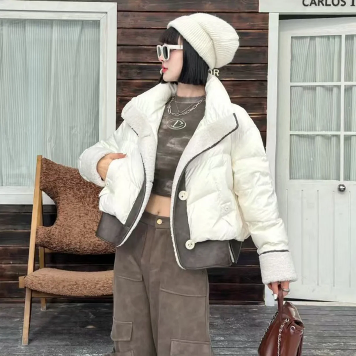

Winter Stand Collar Patchwork Short Down Jacket Female Warm Thick Jackets Women White Duck Down Single Breasted Parker Outwears