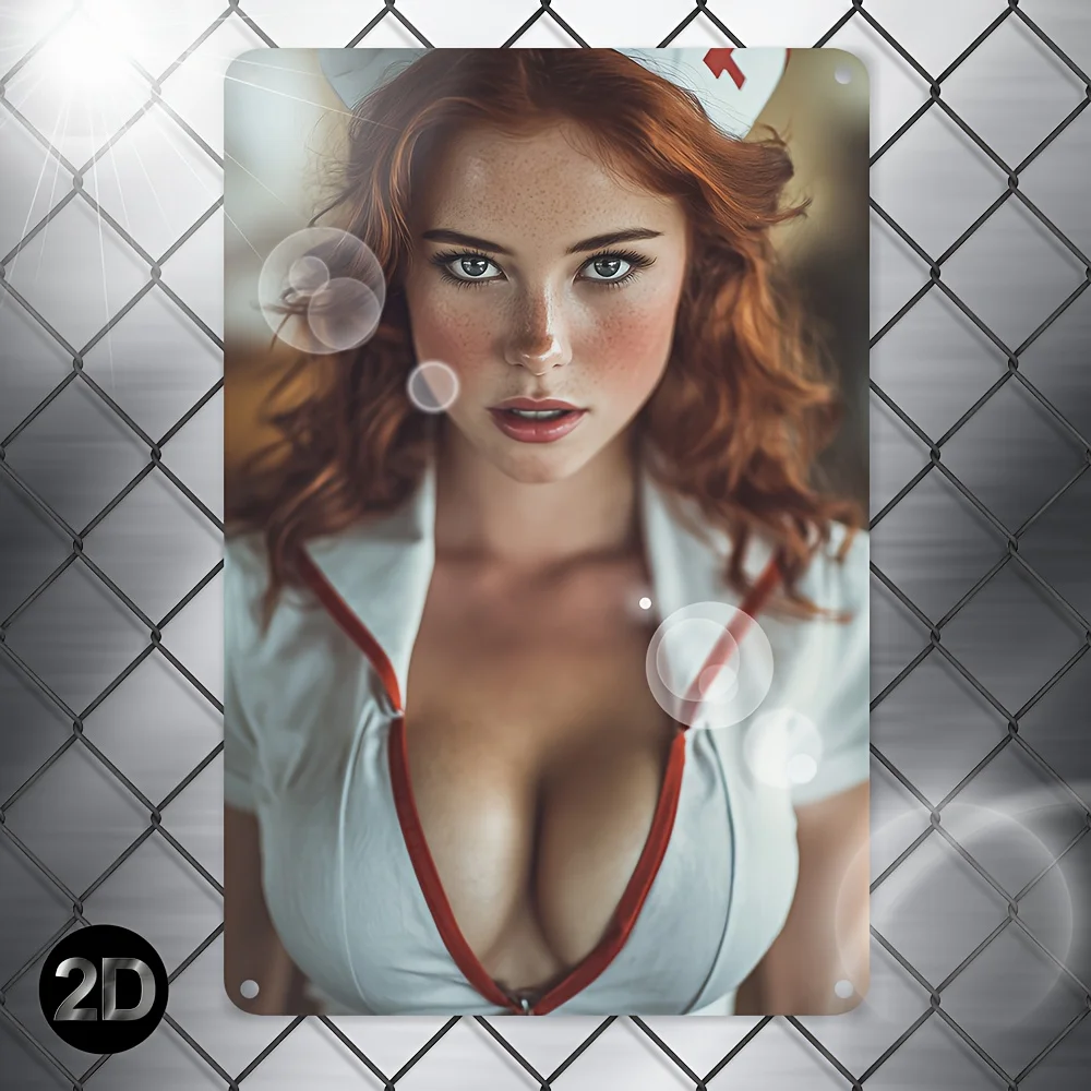 2D Flaches Retro-Metallschild für Krankenschwestern - Rothaarige Krankenschwester mit Medizinsymbol, 8x12 Zoll Wandkunst für Zuhause, Büro, Bar