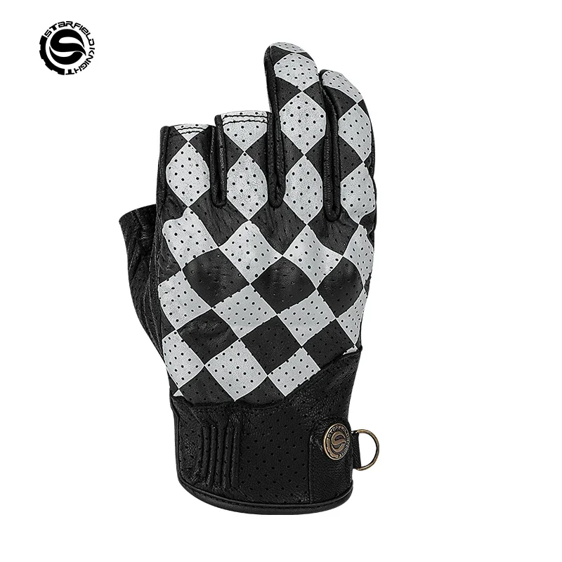 

Retro Motorcycle Half Finger Gloves Breathable Motorbike Guantes Wear-resistant Street Goat Skin Leather Motocross Luvas