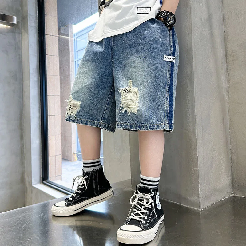 Children's Korean Version 2024 Summer New Ripped Denim Shorts for Older Children To Wear Summer Thin Pants Mid-length Pants