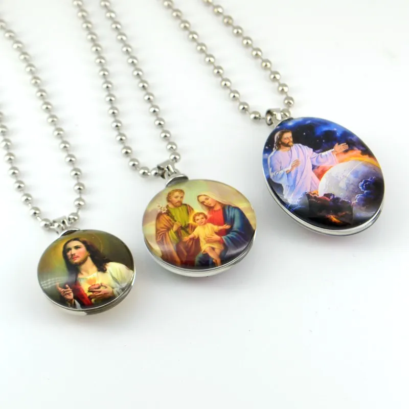 Jesus Virgin Holy Family Saint Image Glass Pendant Necklace With Card Catholic Christian Orthodox Fashion Religious Jewelry