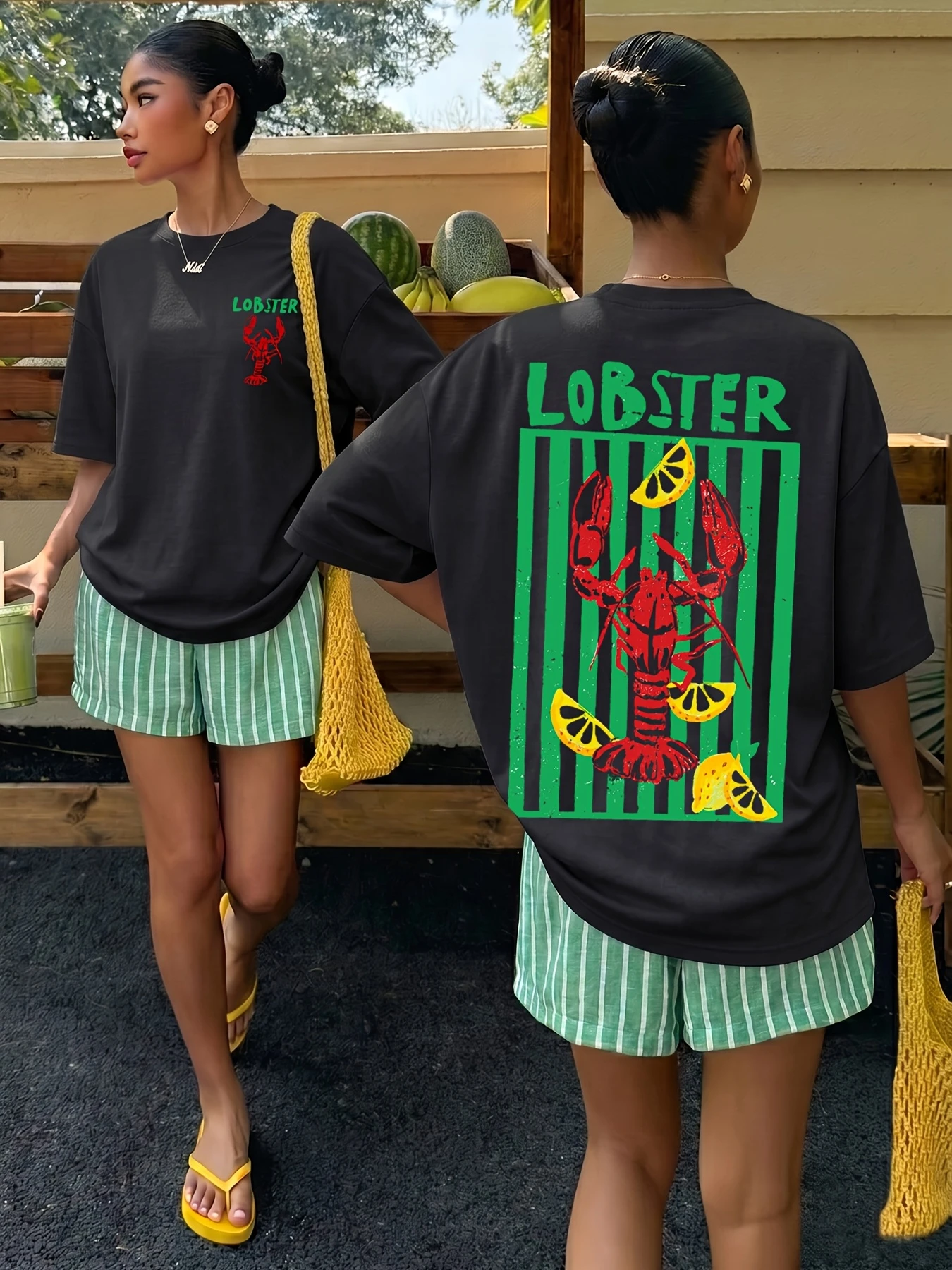 Ladies' Red Lobster Print T-shirt Casual Loose Short Sleeved Round Neck Top for Daily Wear and Street Style