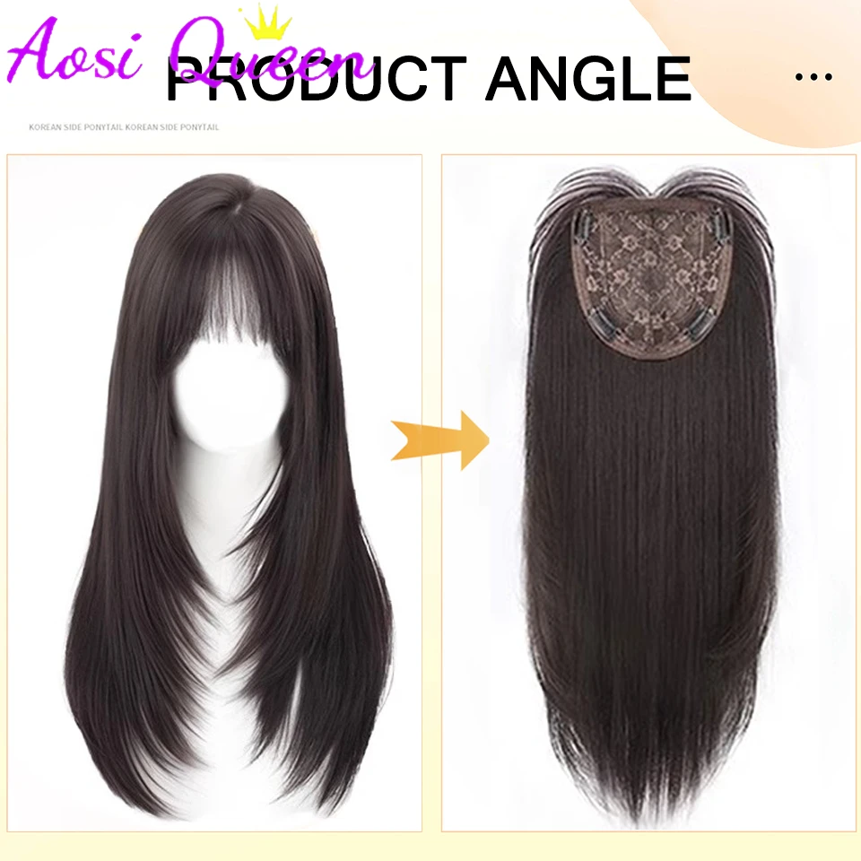 AS 12.5*12.5CM Women\'s Hair Topper Fluffy Synthetic Hairpin Top Wavy Curly Layered Long Straight Hair Hair Piece Replacement Wig
