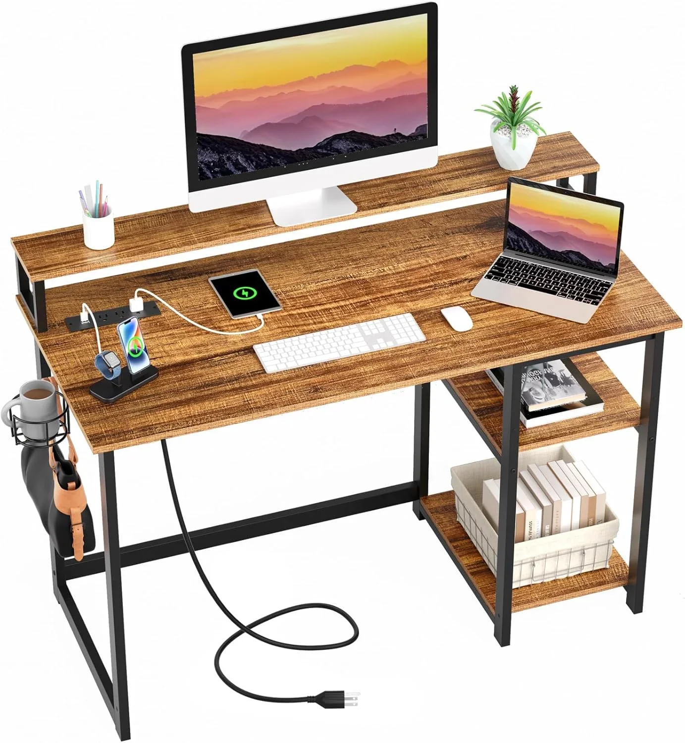 Computer Desk with USB Charging Port and Power Outlet, Monitor Stand and Storage Shelves with Cup Holder Hook, 40 in Work Desk