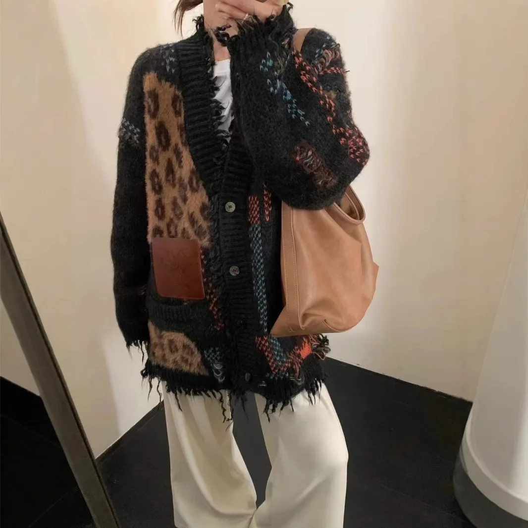 レディース レオパード柄 パッチワーク カーディガン ニット セーター Vネック 長袖 シングルブレスト ルーズ カジュアル エレガント オフィスレディー 2025年秋