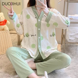 DUOJIHUI Classic Contrast Color Two Piece Female Pajamas Set Autumn Loose Chic Dot Simple Casual Fashion Home Pajamas for Women