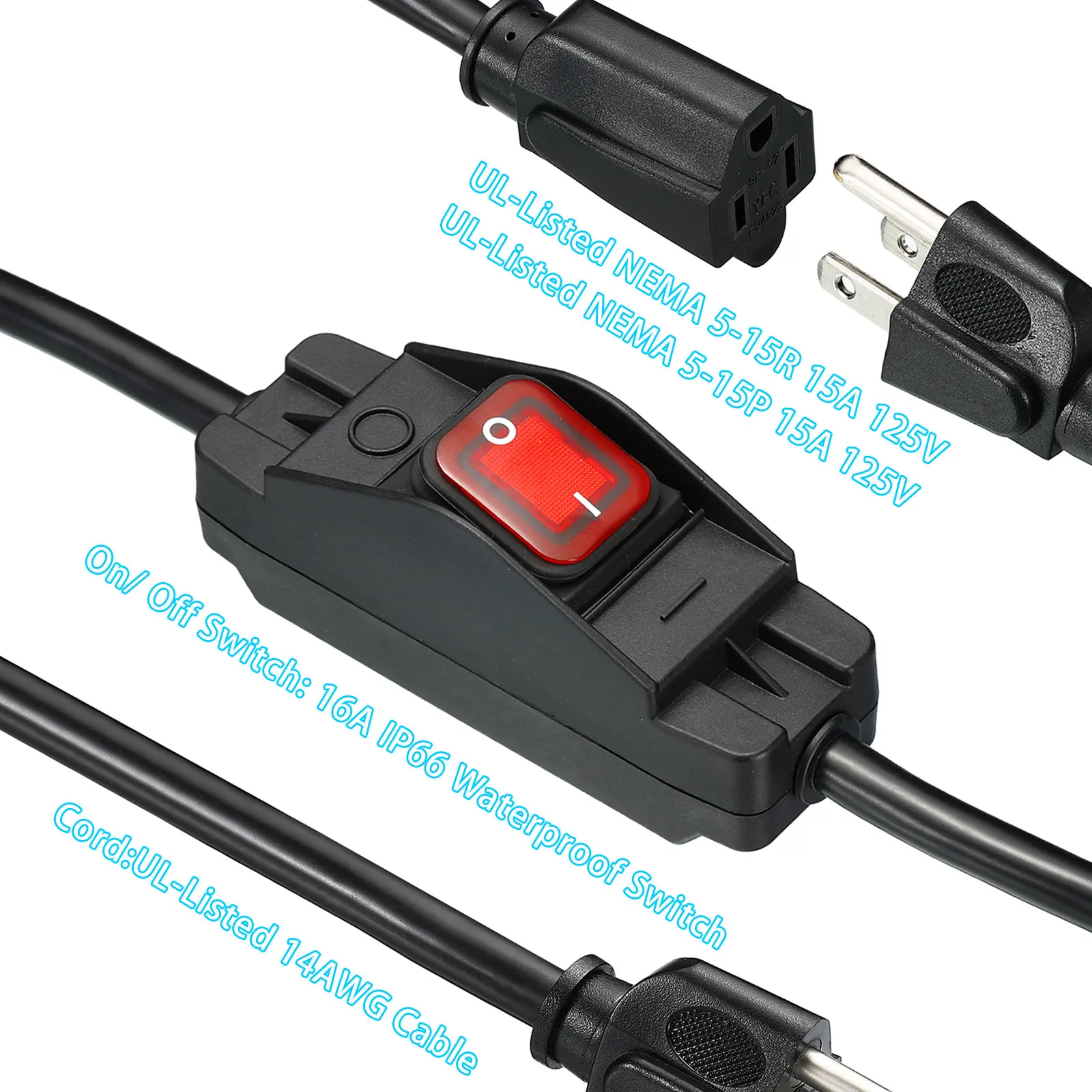 1/2Pcs Outdoor Extension Cord with Waterproof Switch 3 Prong Extension Cable 1875W 14AWG Switchable Power Cord for Appliances