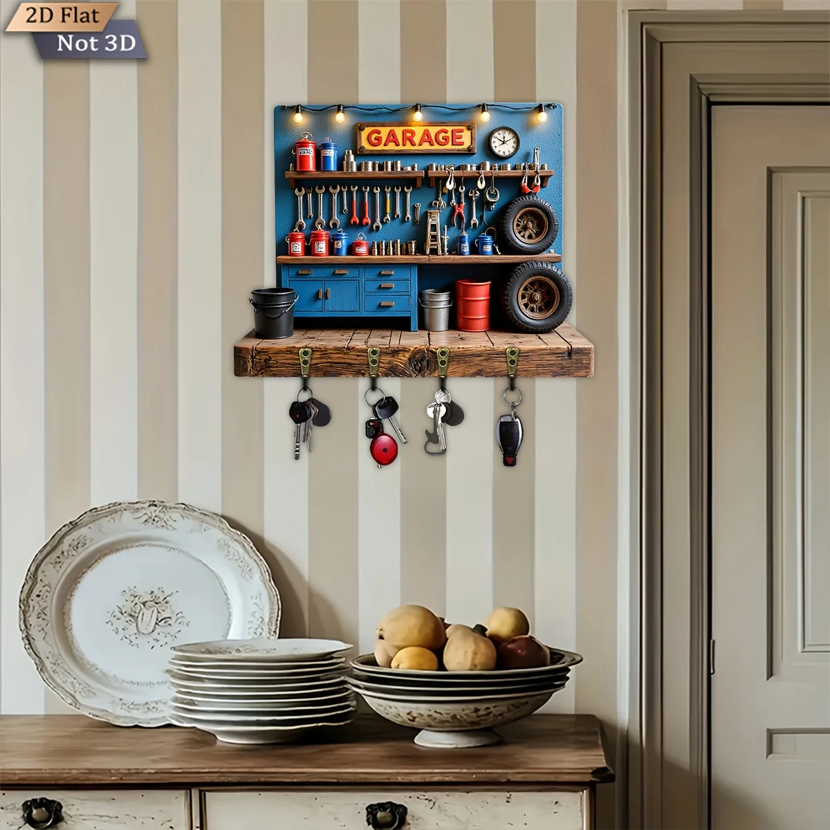 2D Flat, 1pc, Garage Theme Key Hook, Wooden Multifunctional Home Key Rack with Four Metal Hooks, Wall Decoration, Porch