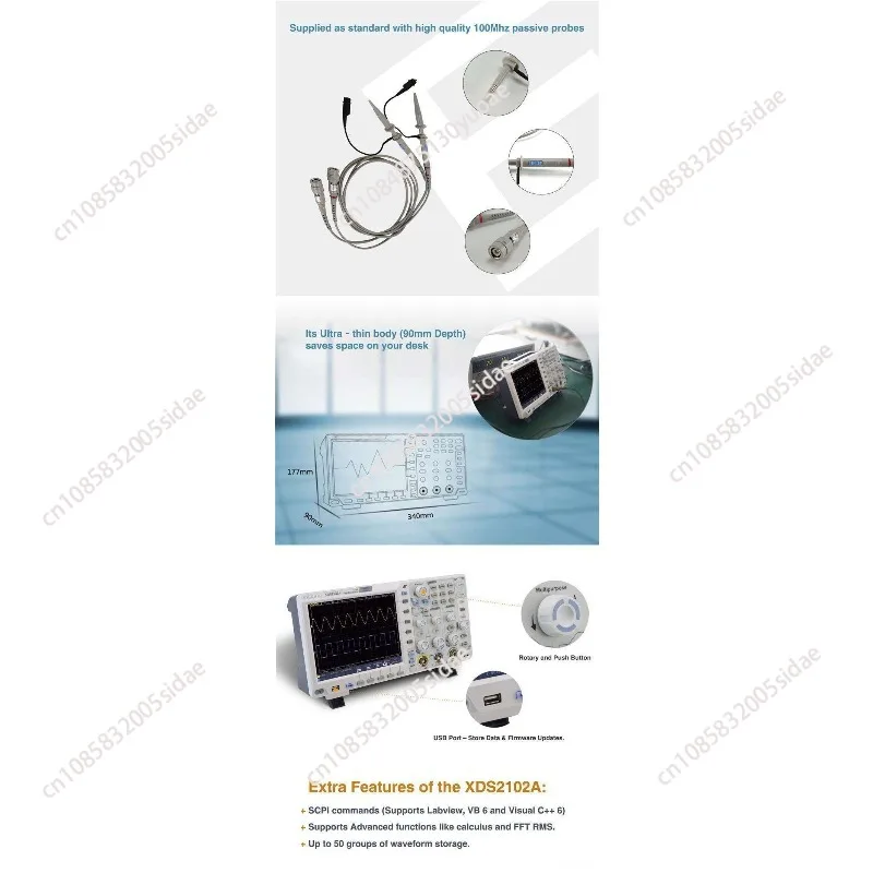 XDS2102A 100 ميجا هرتز 12 بت عالية الدقة ADC 2-قناة ملتقط الذبذبات الرقمي دعم لSCPI و Labview