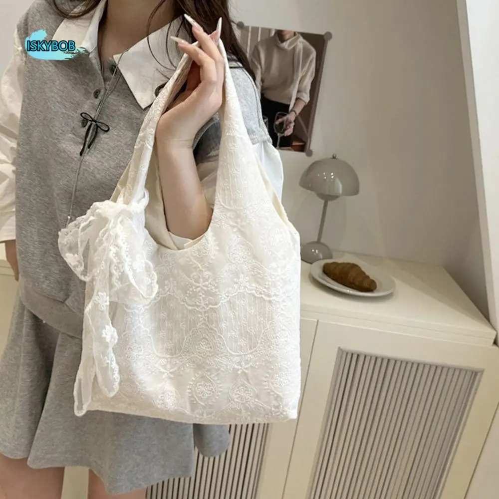

Shopping Tote Bag Lace Shoulder Bag Korean Style With Ribbon Simple Canvas Handbag Cloth Simple Large Capacity Bag Couple