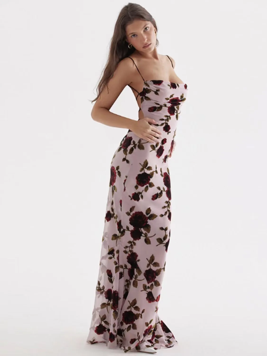 

Women Sexy Backless Lace-up Strapless Rose Flower Printed Long Holiday Dress