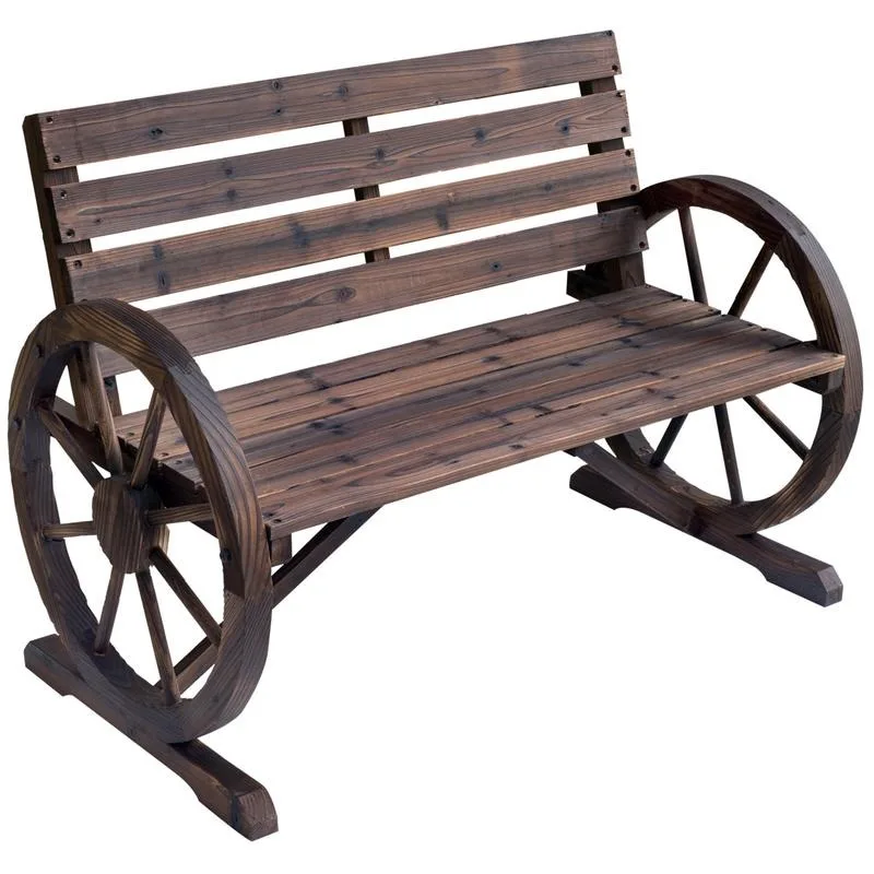 

Outsunny Wooden Wagon Wheel Bench, Rustic Outdoor Patio Furniture, 2-Person Seat Bench with Backrest