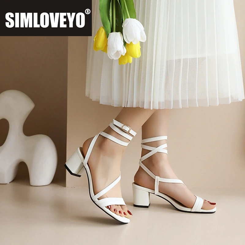 

SIMLOVEYO 2025 Женская обувь Сандалии с открытым носком и ремешком на щиколотке Модные туфли на каблуке Большой размер 30 48 49 50 51 52 Черный Белый Повседневный S3533