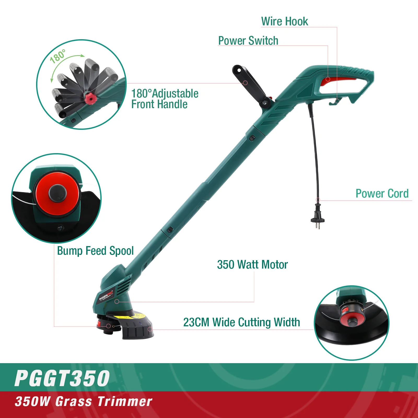 POSENPRO 350W Grass Trimmer, Electric Trimmer With 230mm Cutting Circle, Garden Trimmer With Automatic Thread Feed